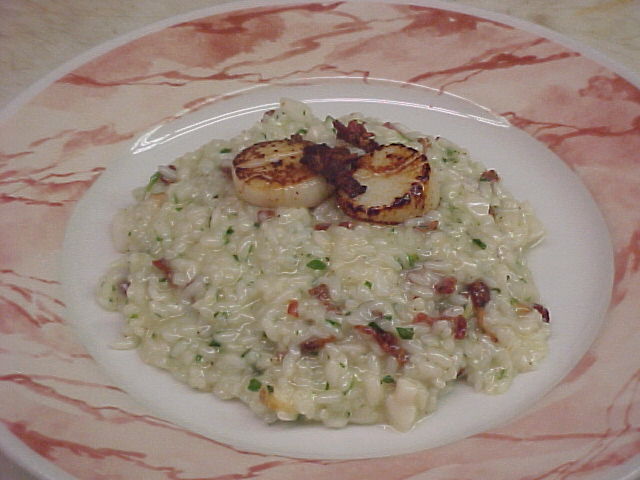Pork belly risotto with grilled scallops