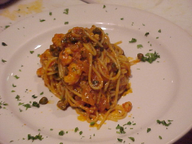 Spaghetti with shrimp in tomato, garlic, and sage sauce