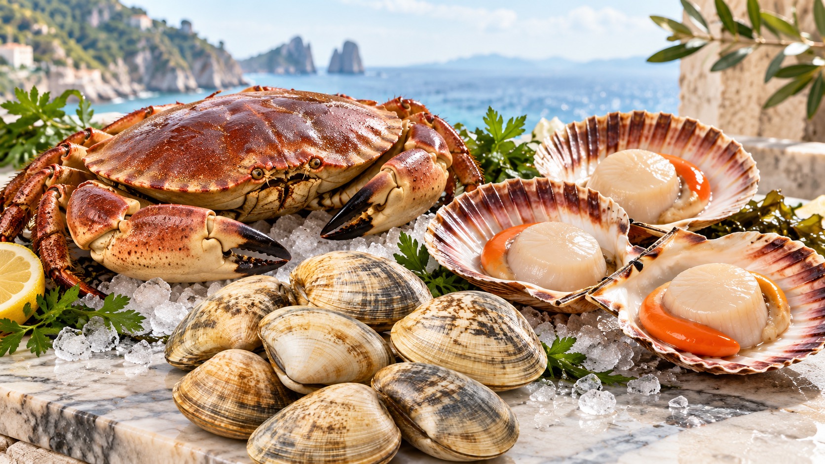 Shellfish and crustacean hero graphic featuring seafood varieties