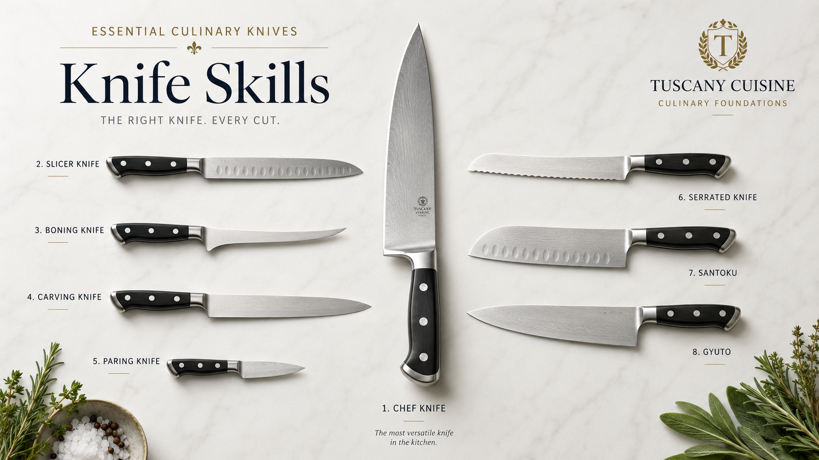 Essential culinary knives: chef knife, slicer, boning knife, carving knife, paring knife, serrated knife, santoku and gyuto