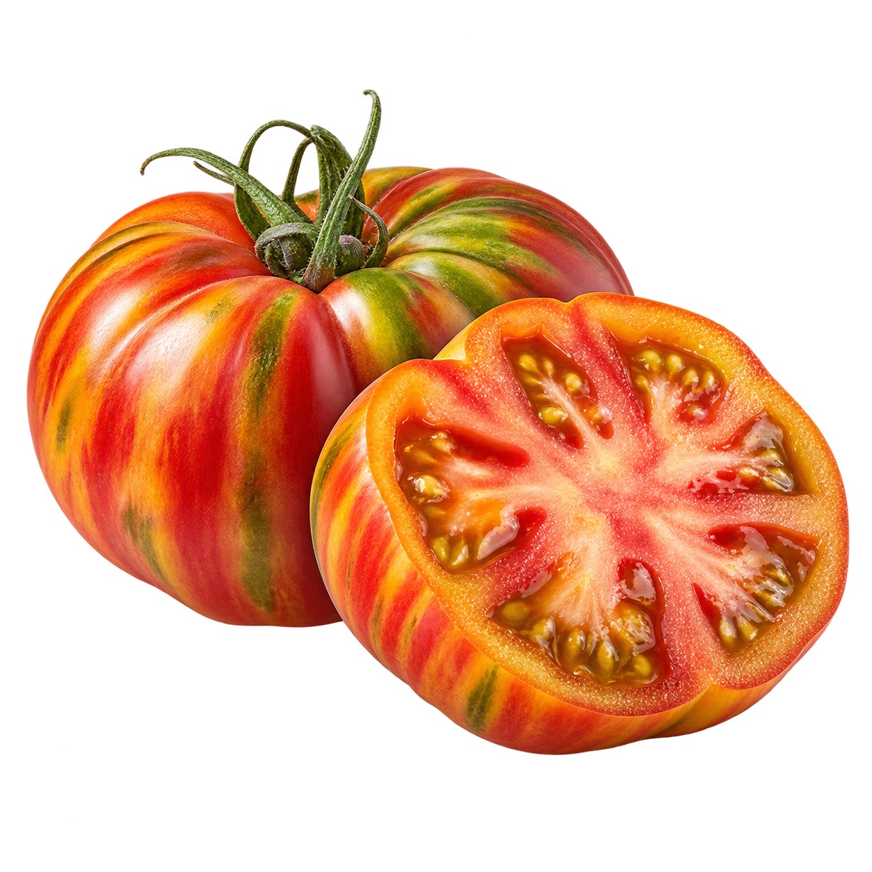 Heirloom tomato ingredient icon showing a multicolored ribbed tomato and cut interior