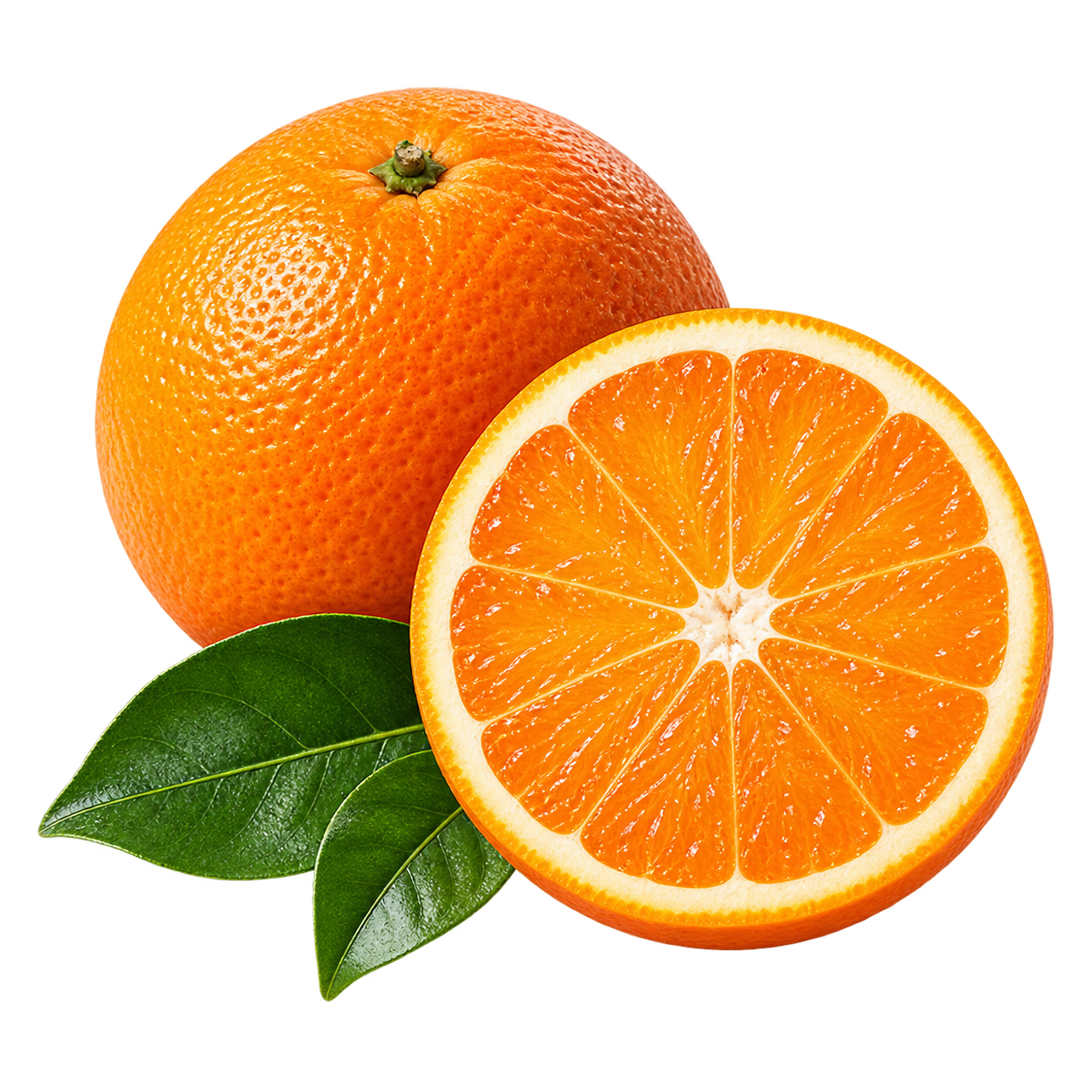 Fresh whole orange and cut orange half with green leaves