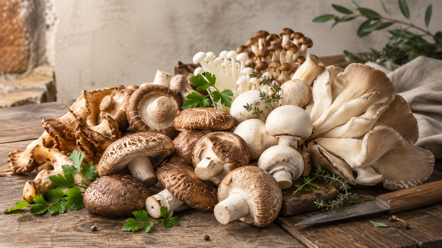 Assortment of culinary mushrooms including shiitake, button, oyster and porcini mushrooms