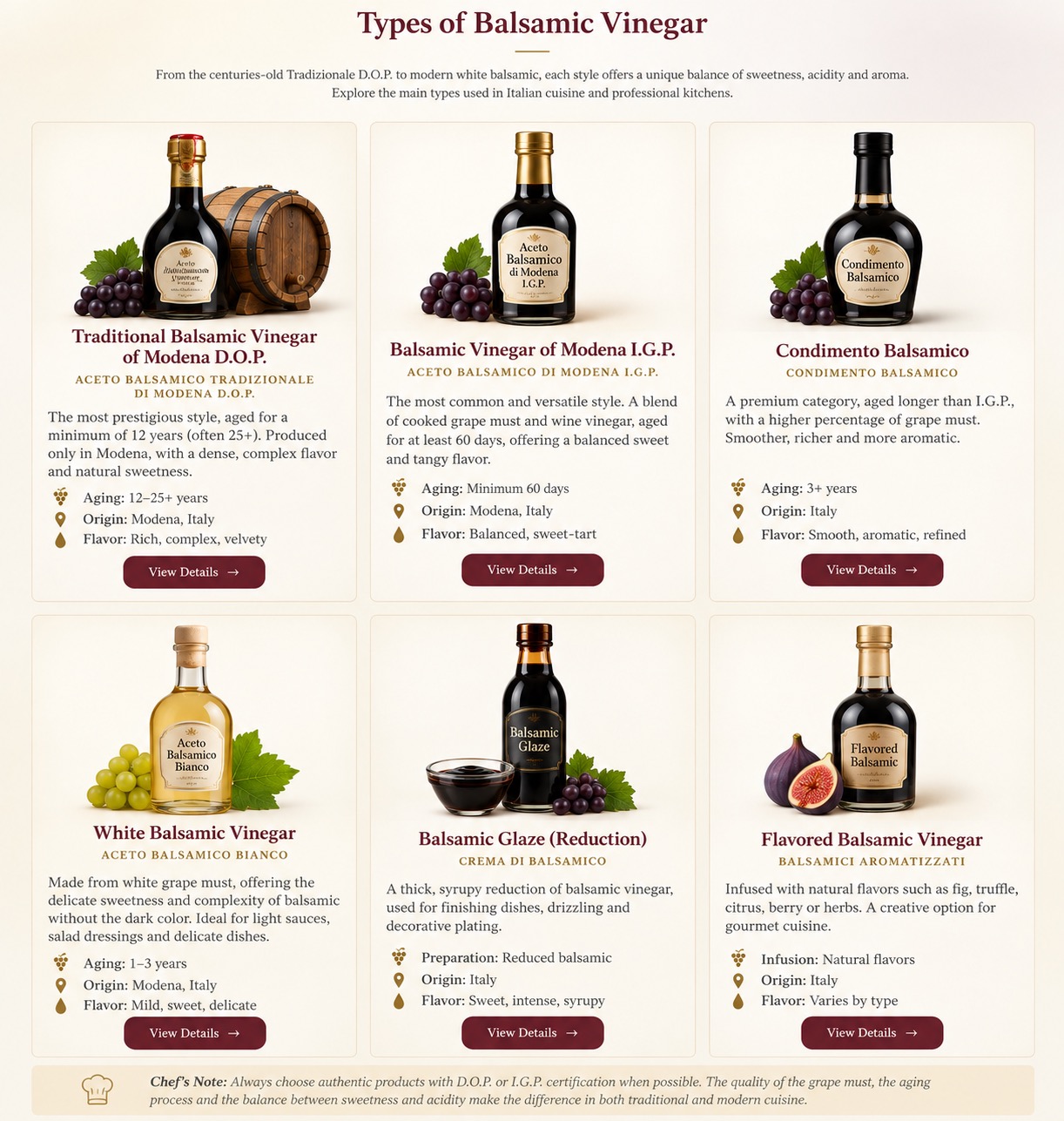 Hero image for the Balsamic Vinegar ingredient page showing balsamic bottles and grapes