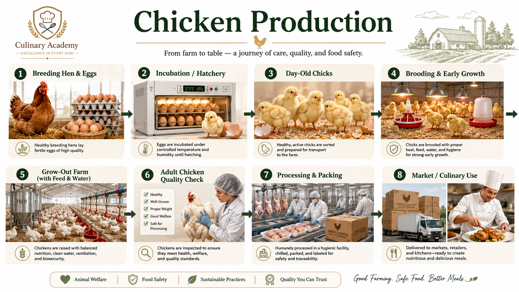 Chicken production chain illustration from egg to market