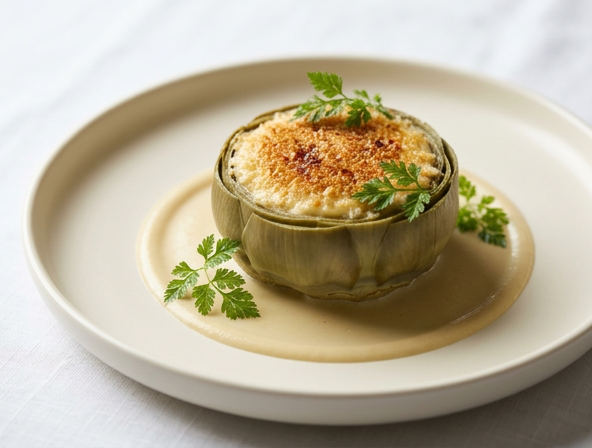 Steamed whole artichoke filled with Parmesan and egg brûlée and finished with golden panko gratin