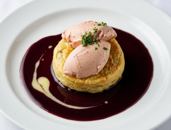 Chicken faux gras with artichoke tart and port wine reduction