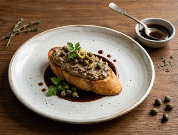 Traditional Florentine crostini di fegatini di pollo with chicken liver pâté and Marsala reduction