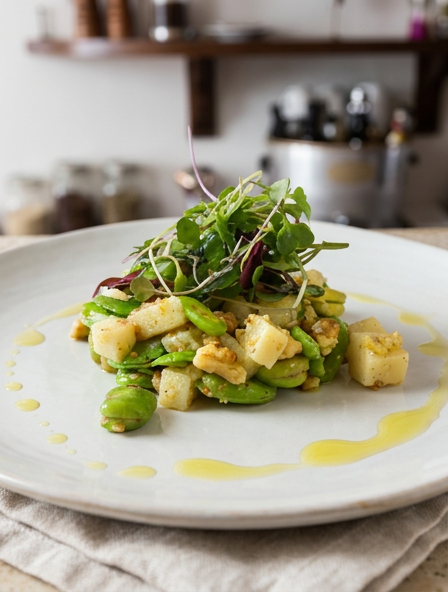 Fava beans with diced Tuscan Pecorino and walnuts