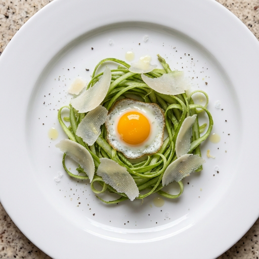Quail egg baked in a shaved asparagus nest