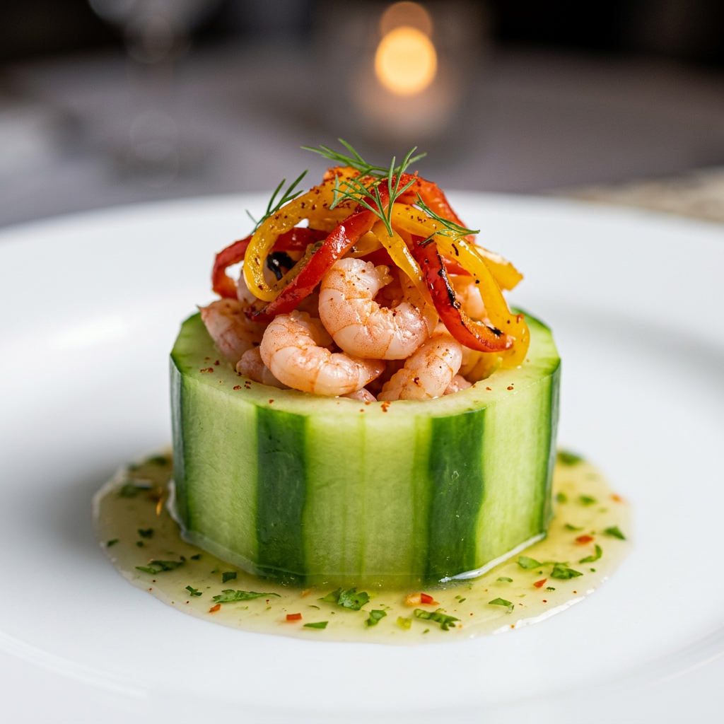 Chilled lemon-pepper shrimp in cucumber cups with red pepper and scallion