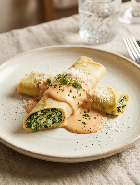 Crêpes cannelloni filled with ricotta and spinach, baked with tomato béchamel and Parmigiano