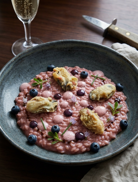 Oyster Risotto with Champagne, blueberries and oyster foam