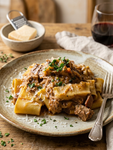 Pappardelle with Duck Confit with shredded duck ragout and aged cheese