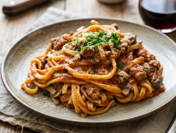 Hand-rolled Tuscan pici with sausage ragout, mushrooms, Pecorino Romano and Parmigiano Reggiano