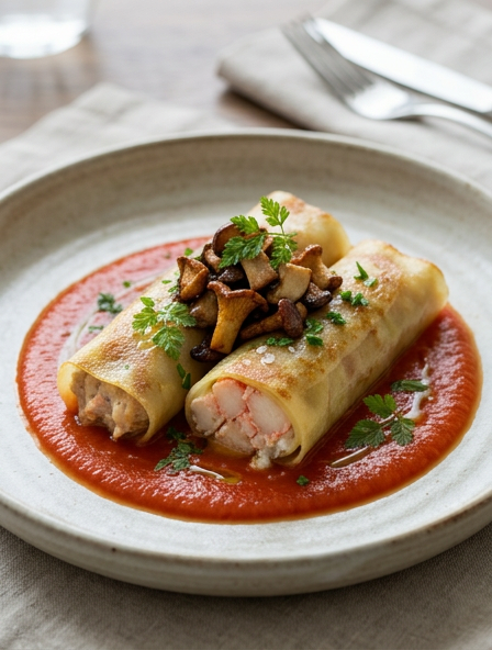 Gluten-Free Potato Cannelloni with King Crab plated with tomato sauce and mushrooms