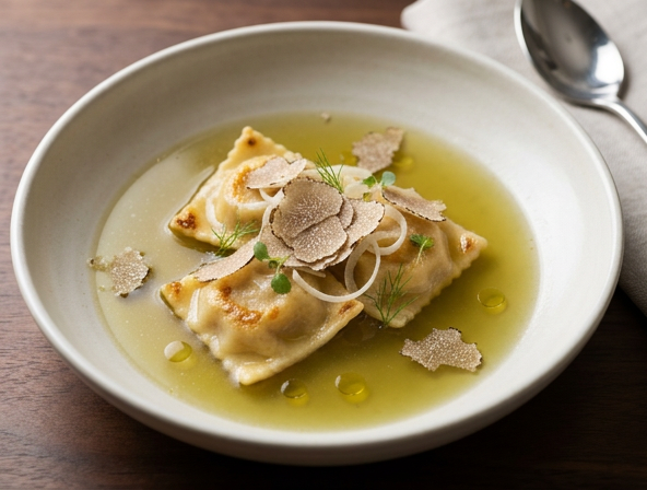 Pumpkin agnolotti served with fennel broth, Parmigiano Reggiano and fresh white truffle