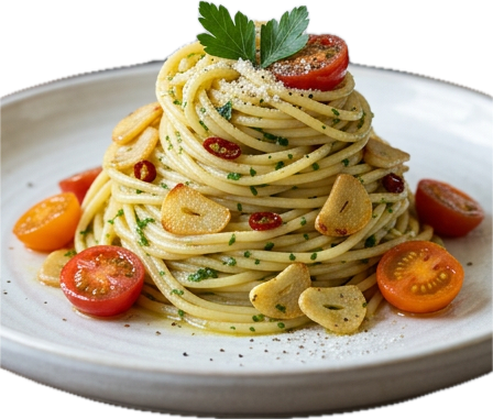 Spaghetti Aglio e Olio with garlic, parsley, extra-virgin olive oil, and optional peperoncino