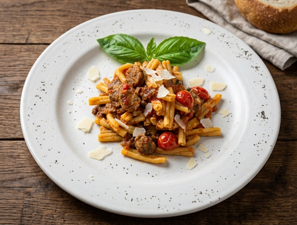 Strozzapreti with Tuscan sausage ragout, cherry tomatoes and Pecorino Romano