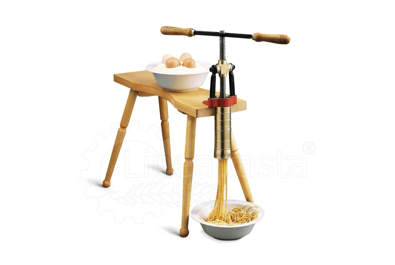 Traditional Venetian bigolaro torchio used to extrude bigoli pasta