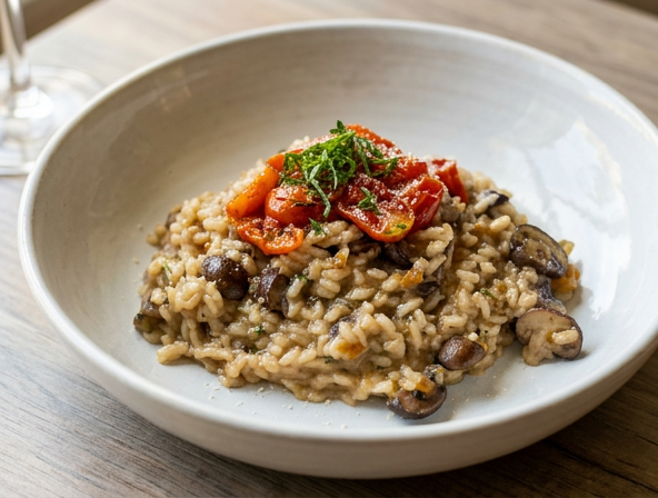 Cremini Mushroom Risotto with tomato basil confit by Chef David Giani