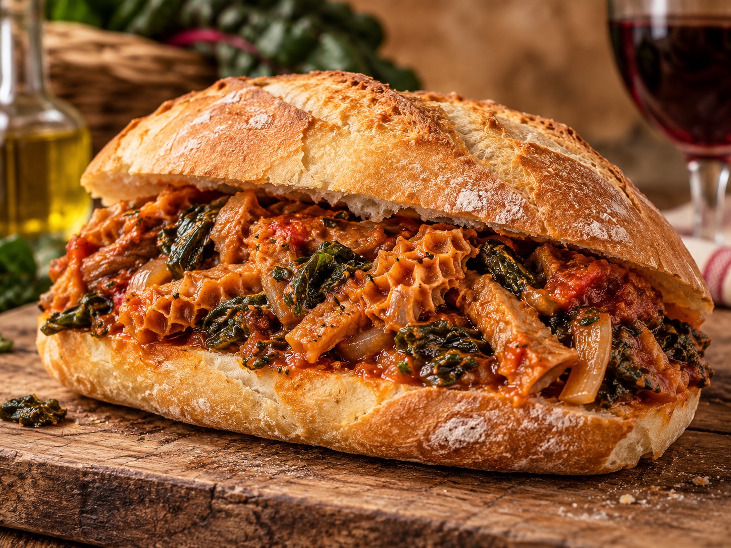 Panino con trippa all'inzimino in traditional Italian bread