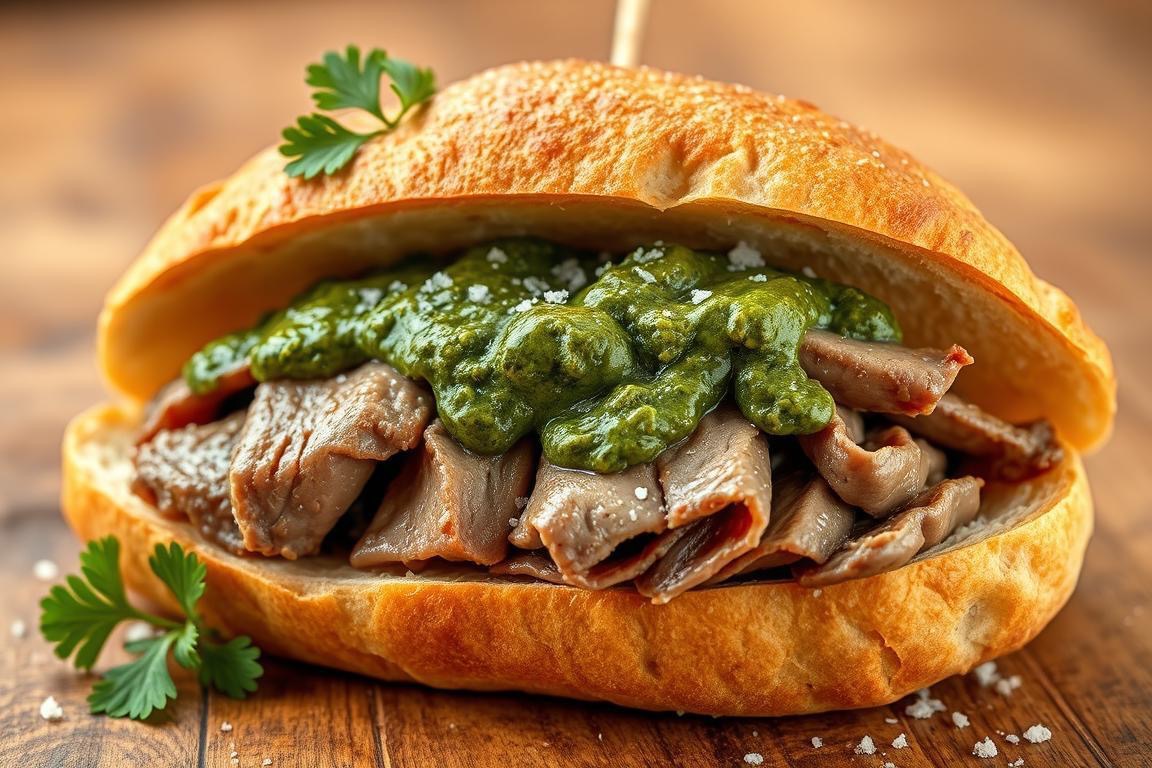 Florentine panino al lampredotto served in a crisp round bread roll