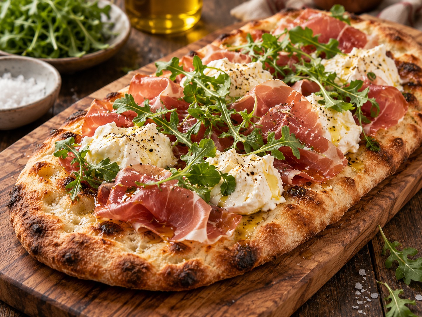 Finished pinsa with thin-sliced prosciutto, burrata, arugula and olive oil