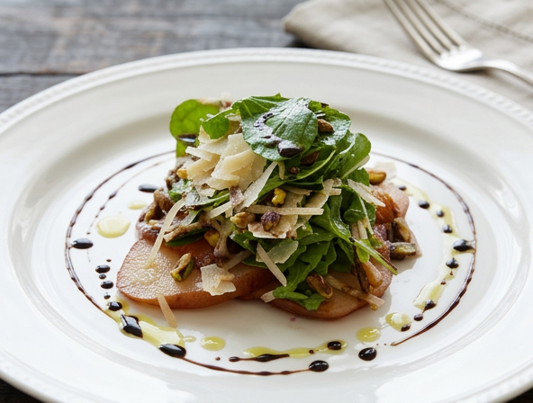 Pear salad with balsamic-poached Bosc pear, arugula, Pecorino Toscano and pistachios