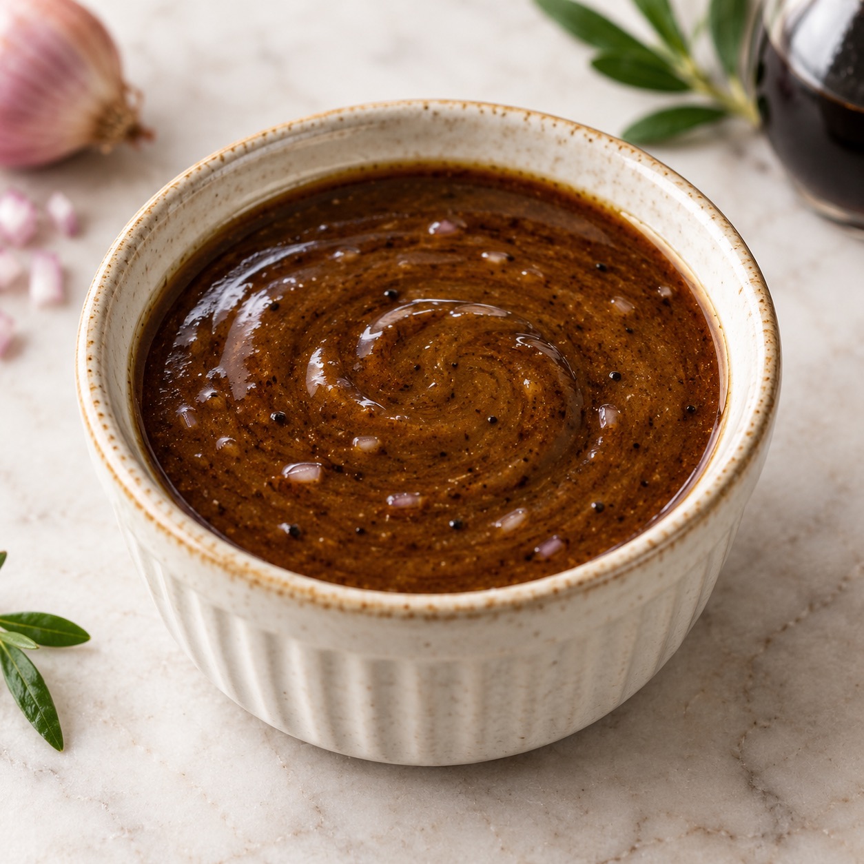 Creamy balsamic vinaigrette emulsion with shallot and black pepper