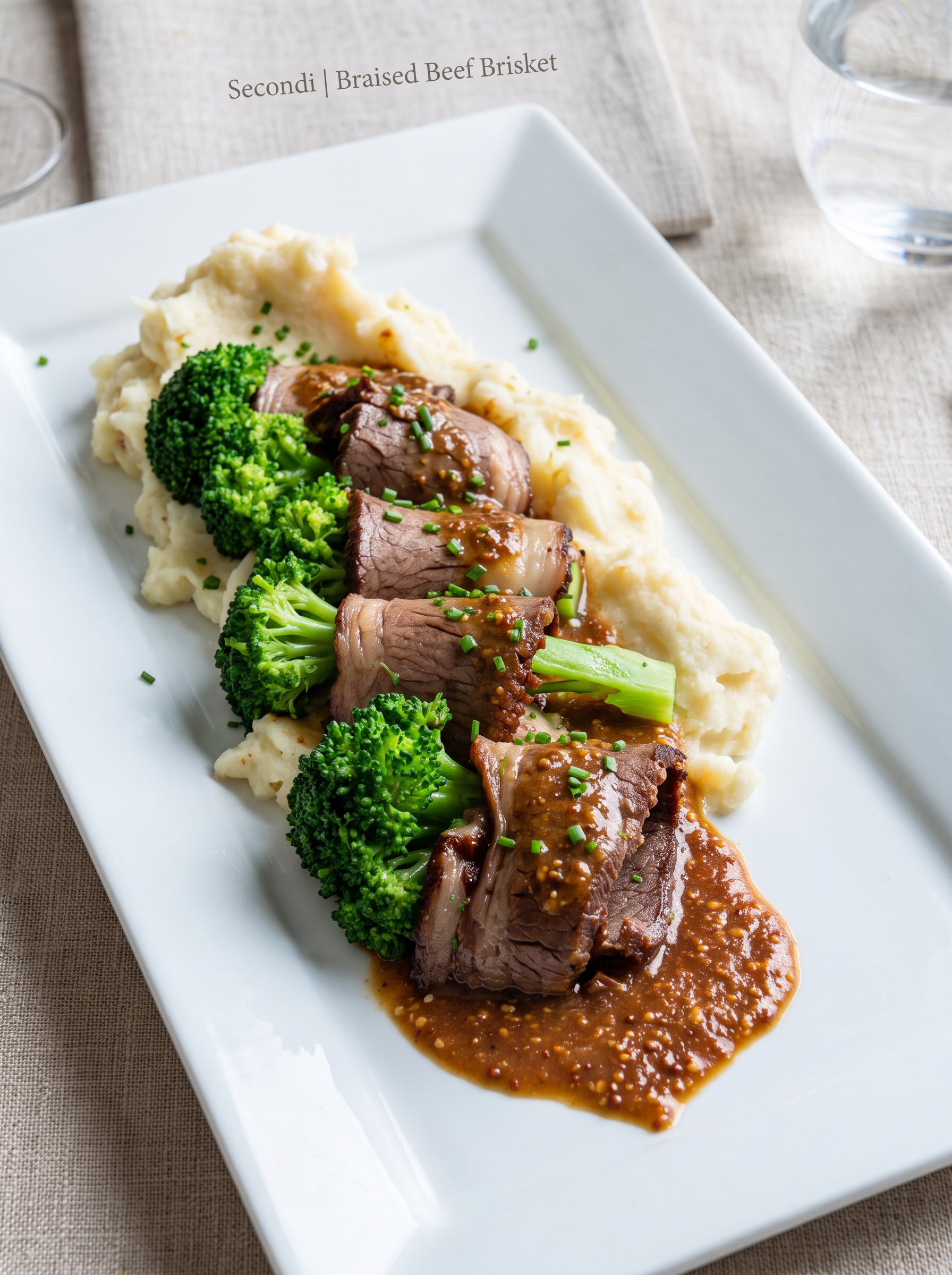 Braised beef brisket with whole-grain mustard sauce, roasted-garlic mashed potatoes and steamed broccoli