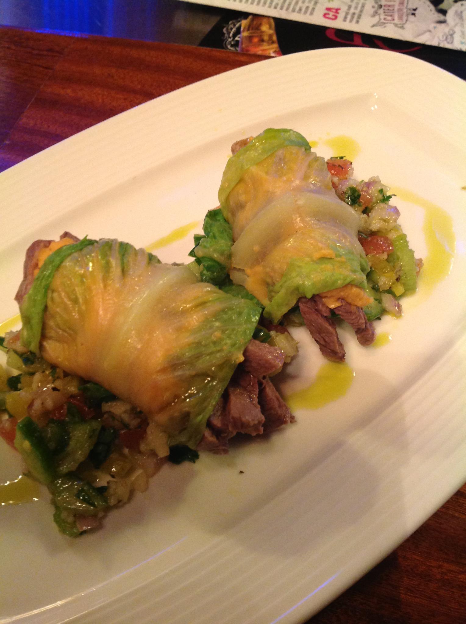 Lettuce-wrapped beef tongue with Tuscan relish and parsley pesto