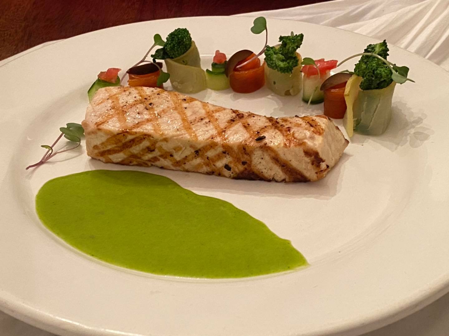 Grilled swordfish with Mediterranean vegetables and lemon parsley emulsion