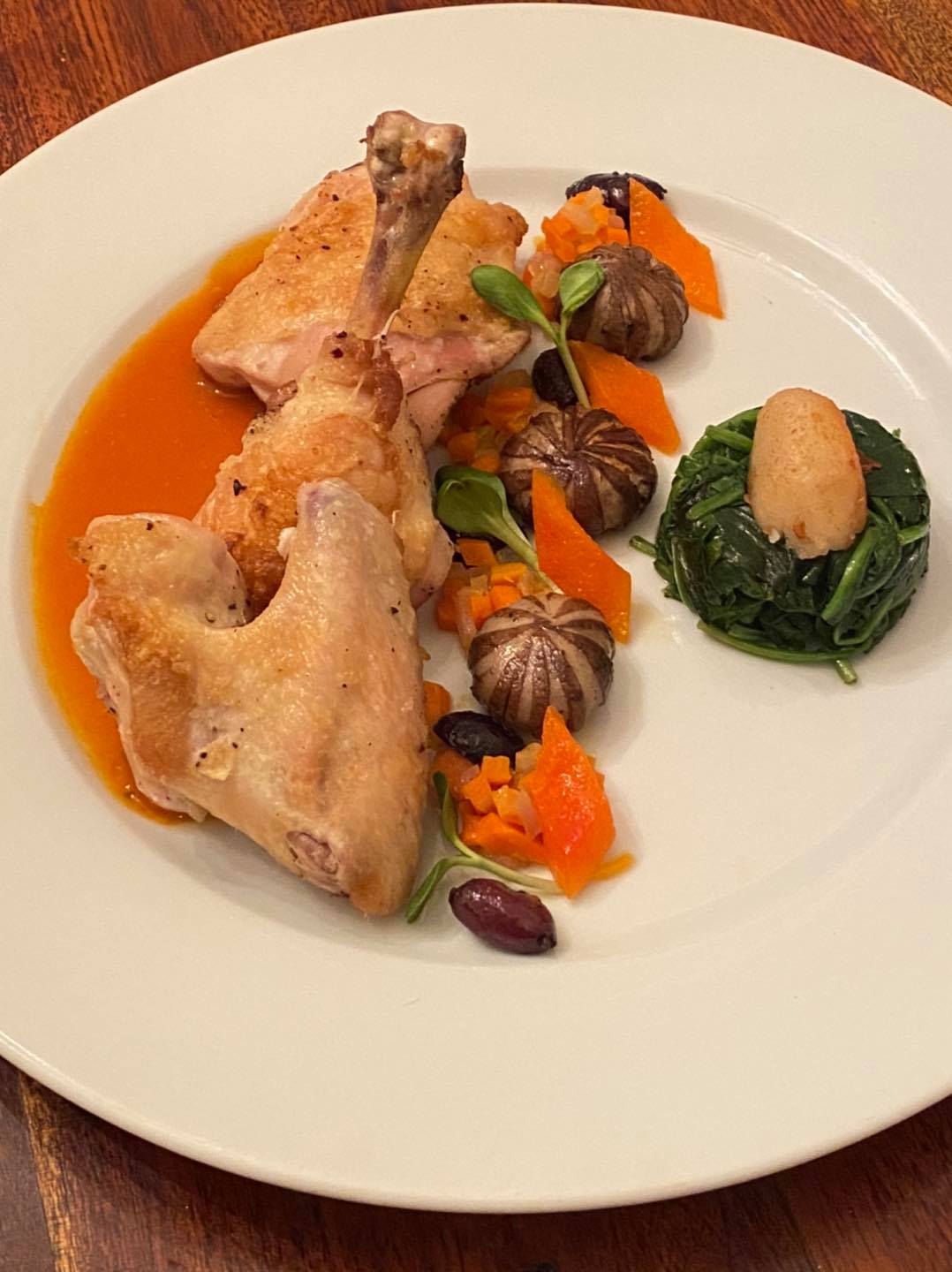 Chicken Cacciatore with mushrooms, mirepoix, and demi-glace