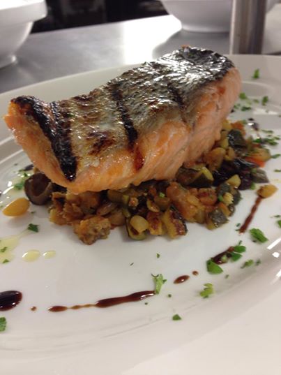 Grilled Scottish salmon over sweet and sour vegetable ratatouille with balsamic glaze