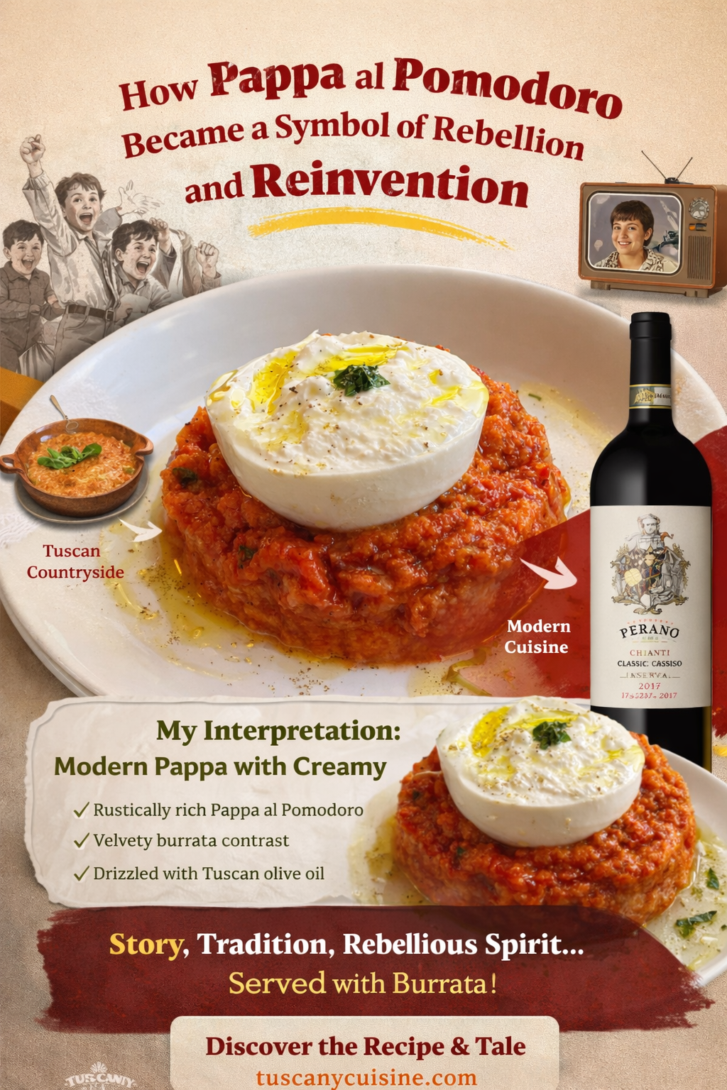 Pappa al Pomodoro story graphic with Tuscan heritage and modern burrata interpretation
