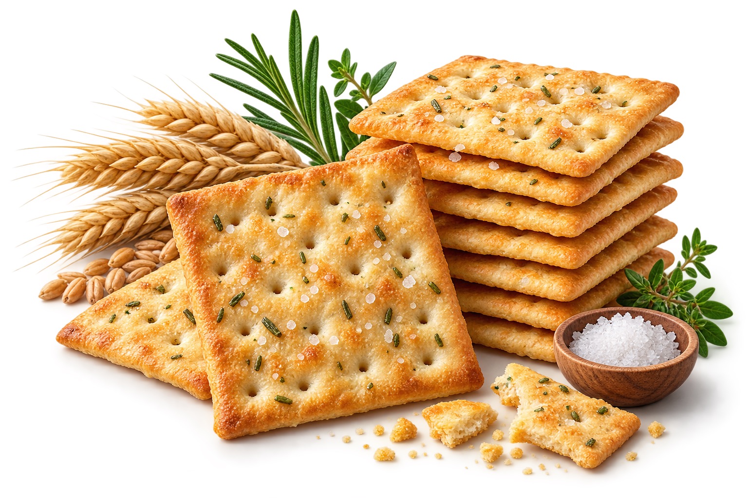 Plain crackers ingredient icon with crisp golden crackers, wheat and sea salt