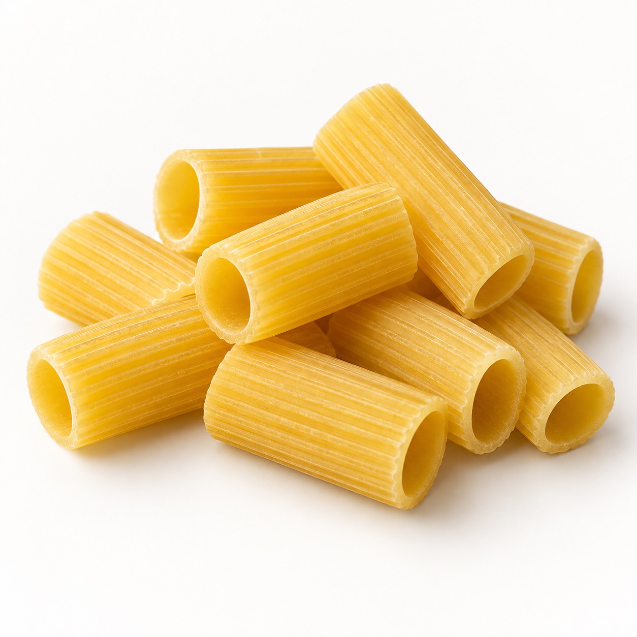 Rigatoni dry pasta with large ridged tubular shape