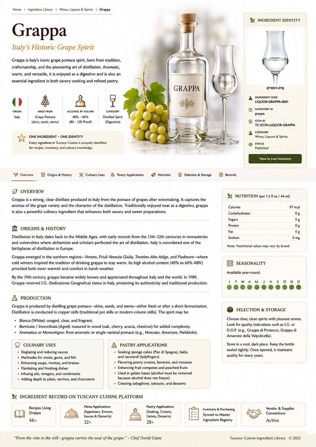 Italian Grappa bottle and tasting glass with grapes in a Tuscan vineyard setting