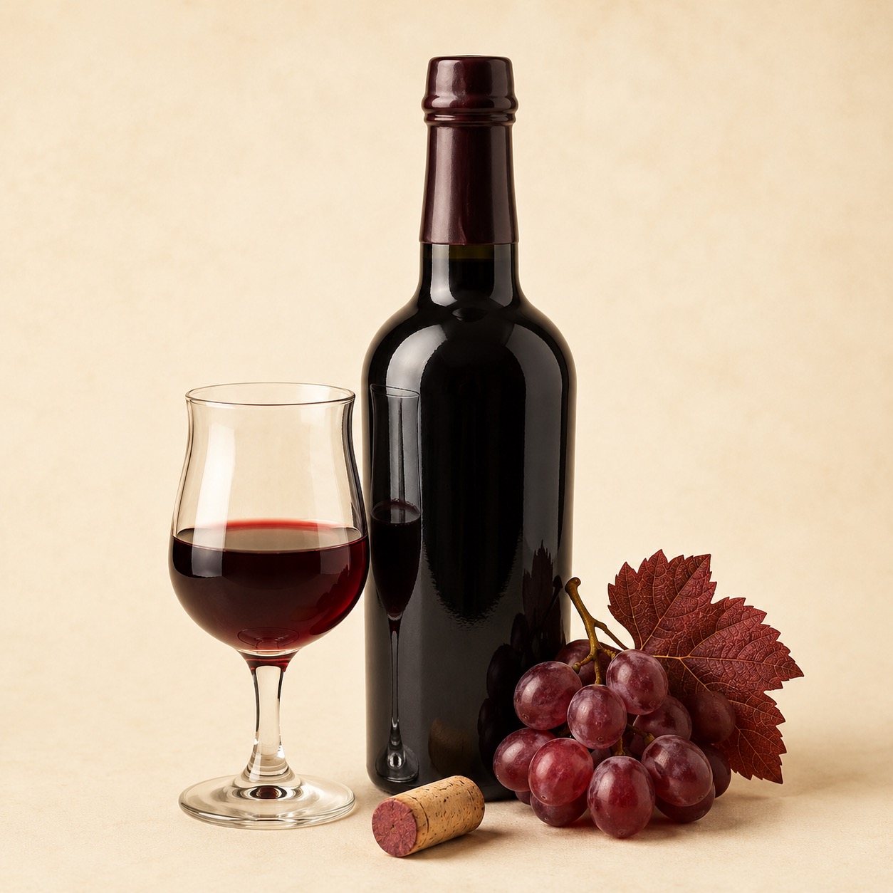 Port Wine bottle, tasting glass and red grapes ingredient graphic